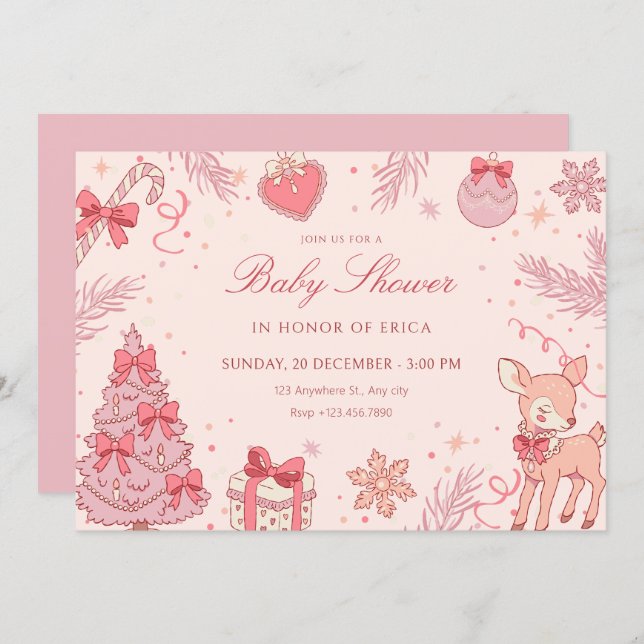 Invitation Pink cute winter baby shower (Devant / Derrière)