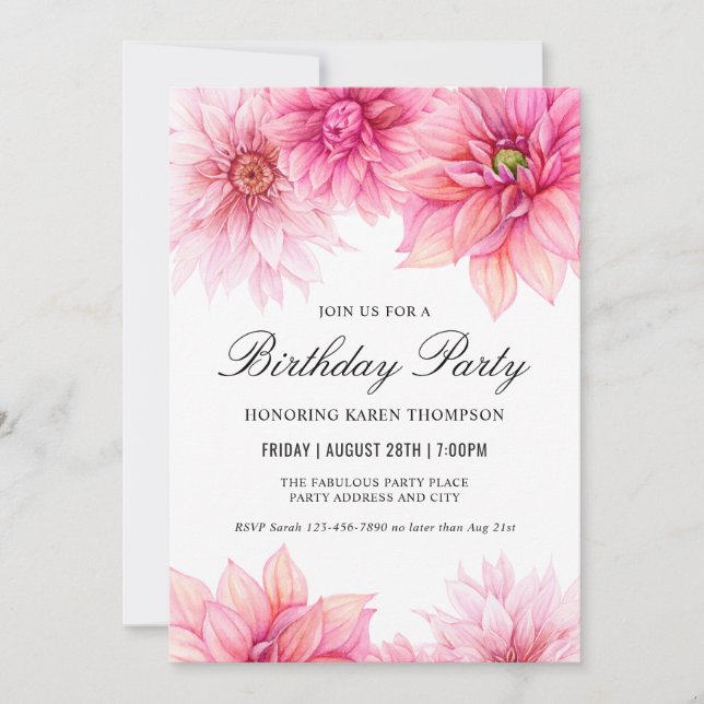 Invitation Pink Dahlia Aquarelle Florale fête d'anniversaire (Devant)