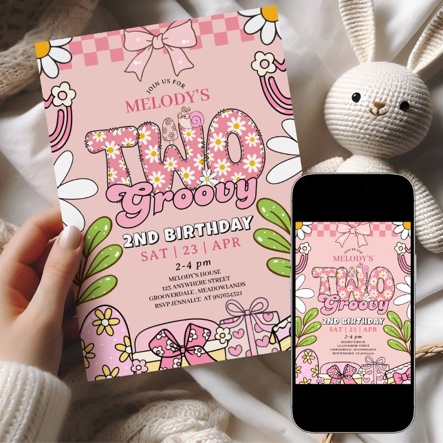 Invitation Pink Daisy 2nd Birthday Retro Birthday (Créateur téléchargé)