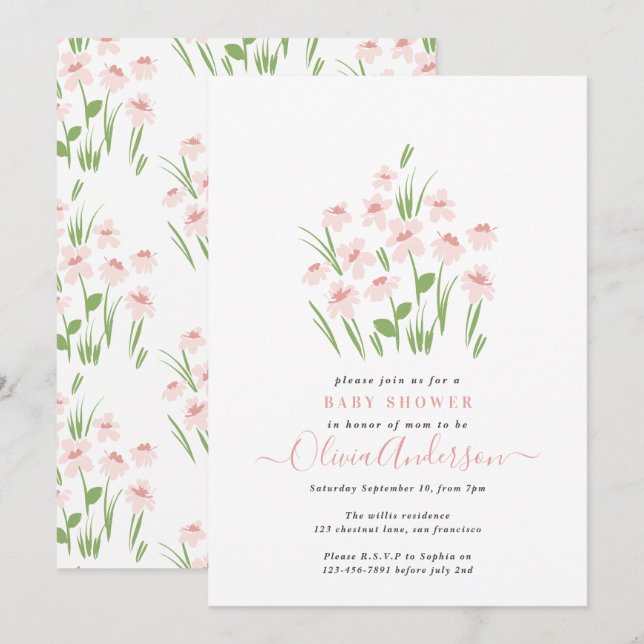 Invitation Pink daisy floral élégant beautiful baby (Devant / Derrière)
