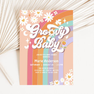 Invitation Pink Daisy Rainbow Hippie Baby shower rétro des an