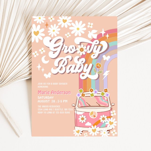Invitation Pink Daisy Rainbow Hippie Super Van Baby shower (Créateur téléchargé)