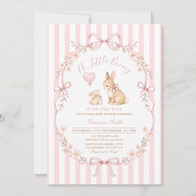 Invitation Pink Daisy Striped Bunny Baby Shower (Devant)