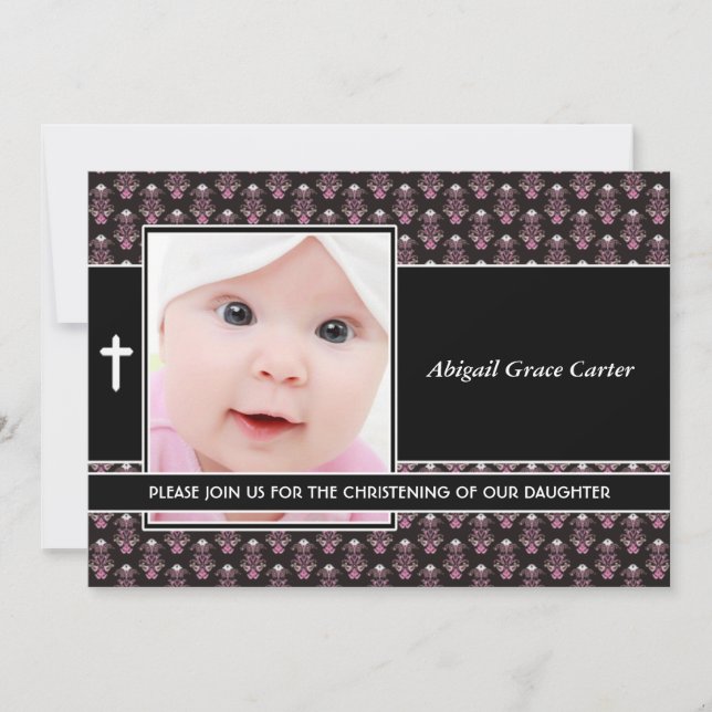 Invitation Pink Damask Baby Girl Photo Christening (Devant)