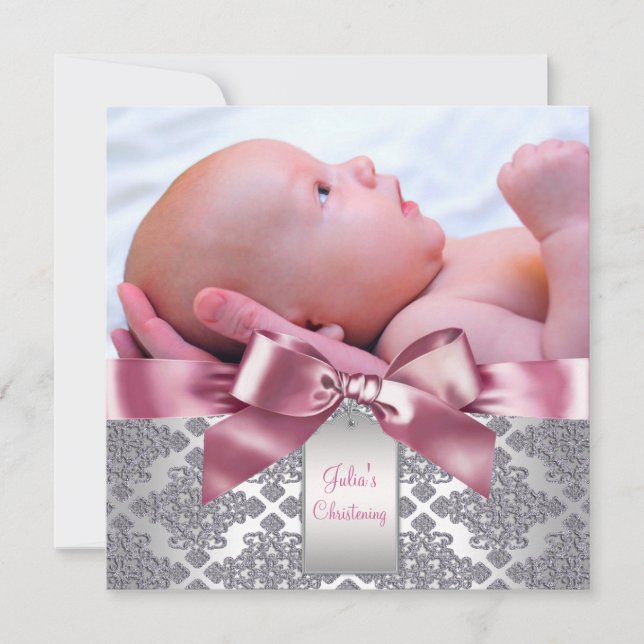Invitation Pink Damask Baby Girl Photo Christening (Devant)