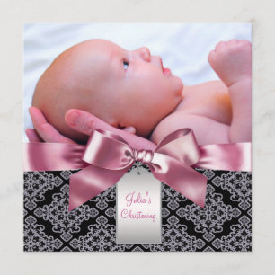 Invitation Pink Damask Baby Girl Photo Christening
