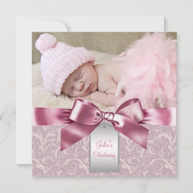 Invitation Pink Damask Baby Girl Photo Christening (Devant)