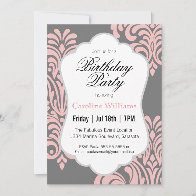 Invitation Pink Damask fête d'anniversaire (Devant)
