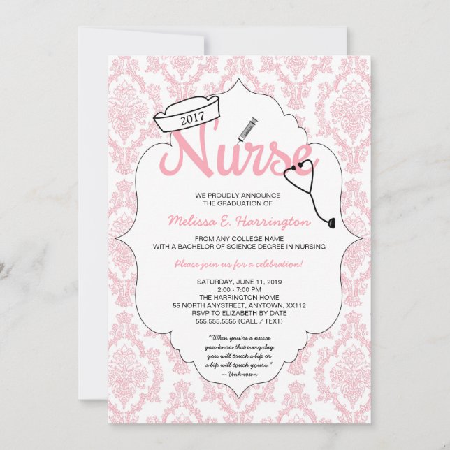 Invitation Pink Damask Infirmière graduation pinning invitati (Devant)