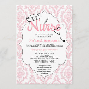 Invitation Pink Damask Infirmière graduation pinning invitati