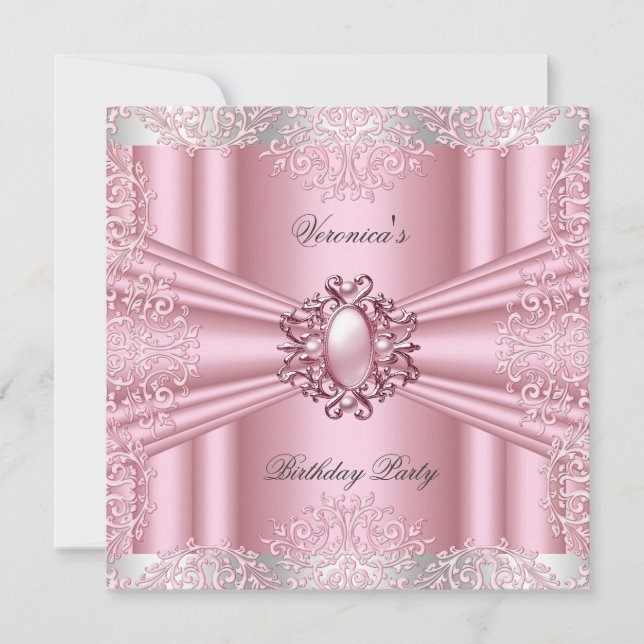 Invitation Pink Damask Lace Pearl Diamond fête d'anniversaire (Devant)