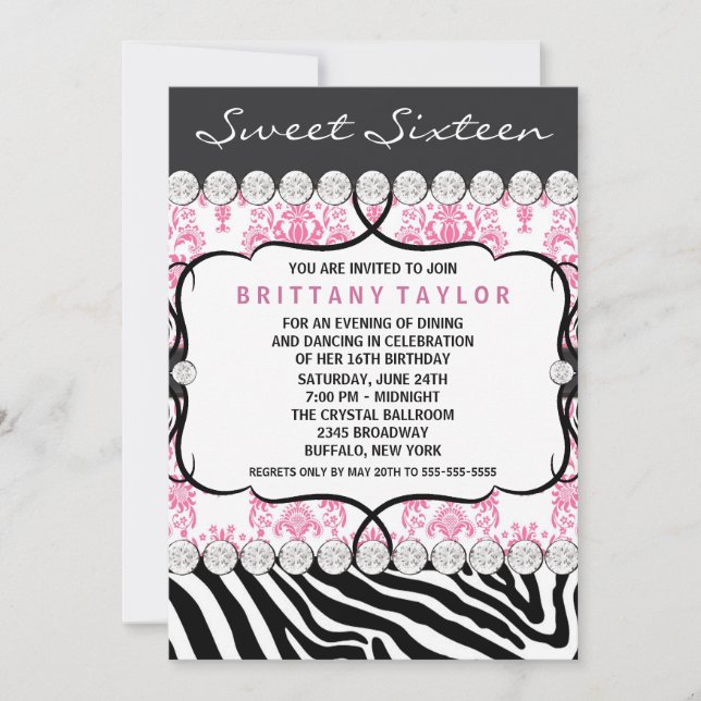 Invitation Pink Damask Zebra Sweet sixteen fête d'anniversair (Devant)
