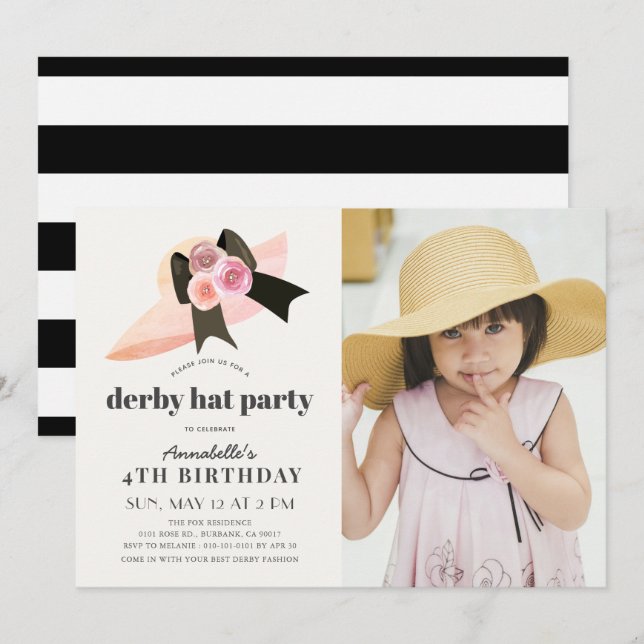 Invitation Pink Derby Casquette Rose 1er anniversaire fête Ph (Devant / Derrière)