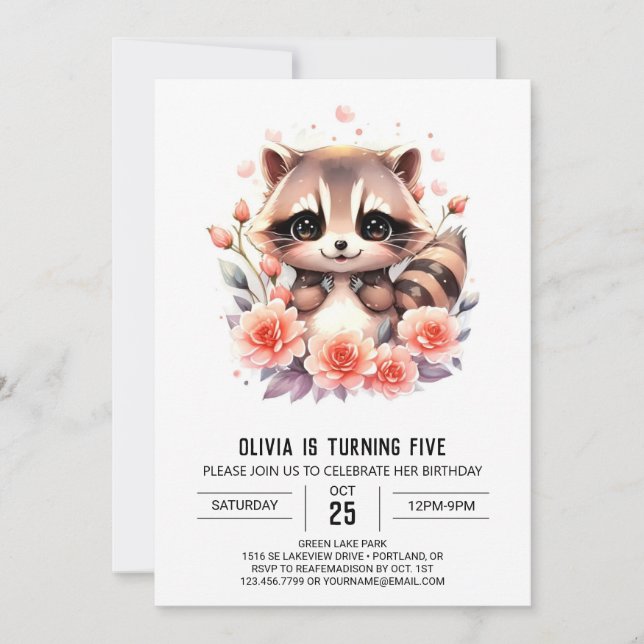 Invitation Pink Digital Raccoon fille Anniversaire (Devant)