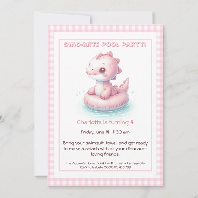 Invitation Pink Dino-Mite Anniversaire Pool (Devant)