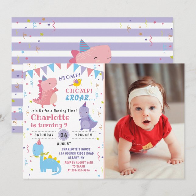 Invitation Pink Dinosaur Roar Anniversaire Filles Dino (Devant / Derrière)