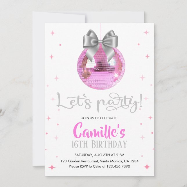 Invitation Pink Disco Ball | Silver bow Birthday  (Devant)