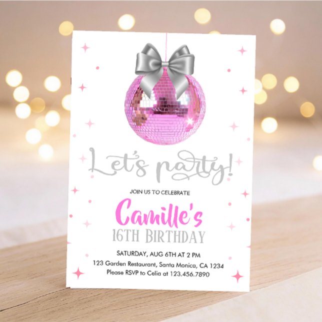 Invitation Pink Disco Ball | Silver bow Birthday  (Créateur téléchargé)