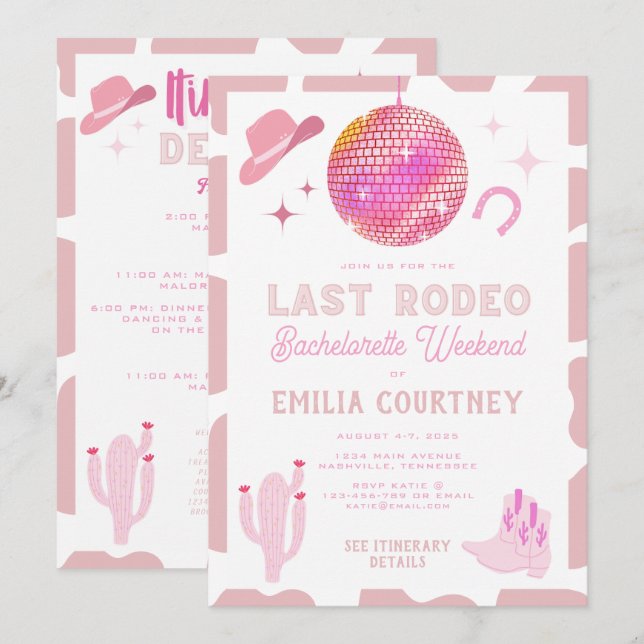 Invitation Pink Disco Cowgirl Dernier Rodeo Bachelorette Week (Devant / Derrière)
