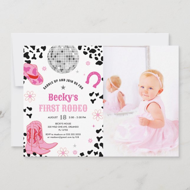 Invitation Pink Disco First Rodeo Cowgirl 1er anniversaire Ph (Devant)
