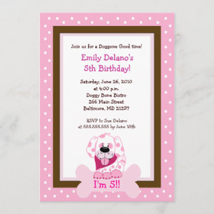 Invitation Pink Doggy Bone Puppy Chien Anniversaire 5x7 Invit