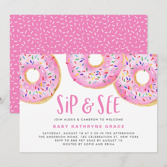 Invitation Pink Donuts arrose Baby shower Sip et voir (Devant / Derrière)