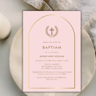 Invitation Pink Elegant Gold Arch Wreath Cross Baptism