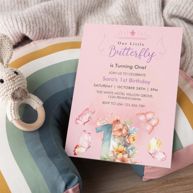 Invitation Pink Elegant Premier Anniversaire Papillons rose (Créateur téléchargé)