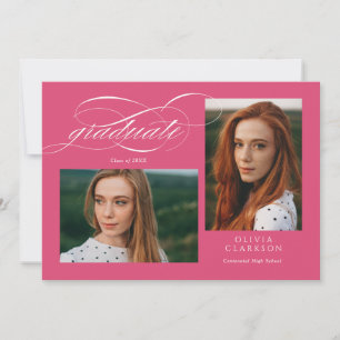 Invitation Pink Elegant Script 3 Photo Graduation Party