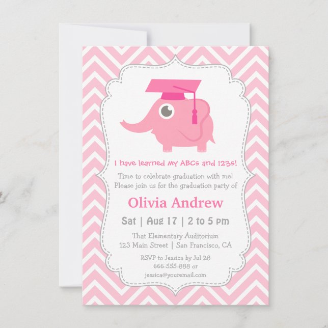 Invitation Pink Elephant Kids Kindergarten Graduation Party (Devant)