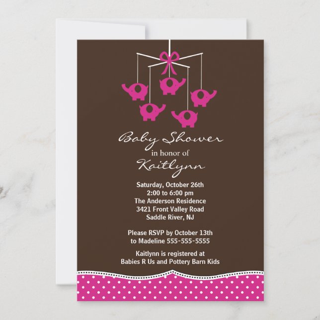 Invitation Pink Elephant Mobile Baby Shower (Devant)