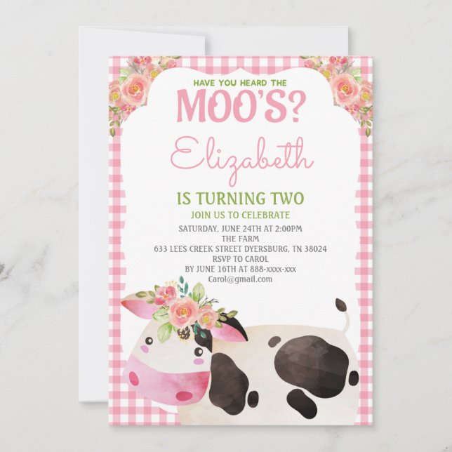 Invitation Pink En vichy Farm Animaux Fille Anniversaire Barn (Devant)