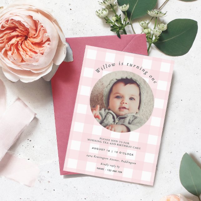 Invitation Pink En vichy Photo Anniversaire (Birthday Photo Invitation Pink Gingham Check)