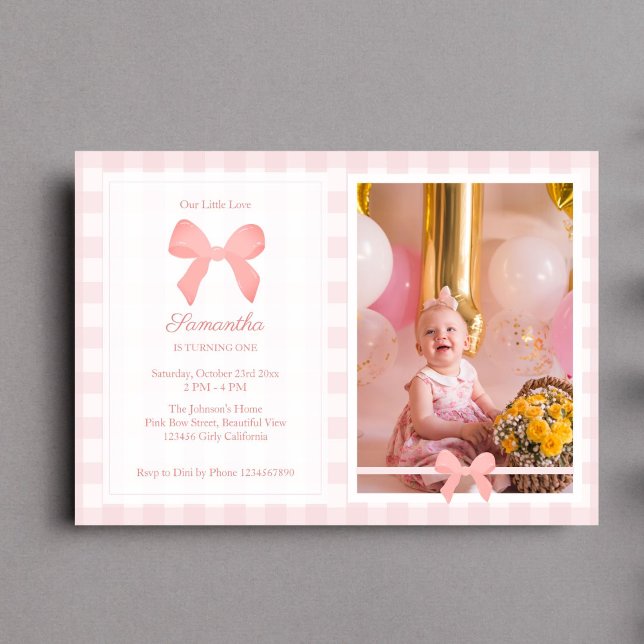 Invitation Pink En vichy rose Bow photo d'anniversaire (Créateur téléchargé)