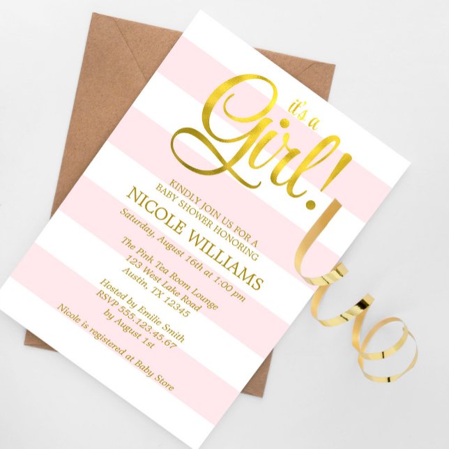 Invitation Pink et Faux Gold Stripes Baby shower fille (Créateur téléchargé)