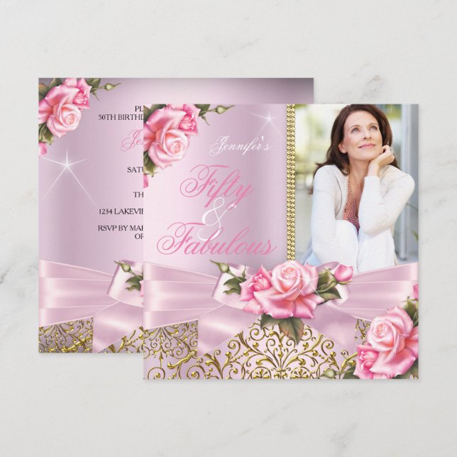 Invitation Pink Fabulous 50 Rose Bow Photo Anniversaire (Devant / Derrière)