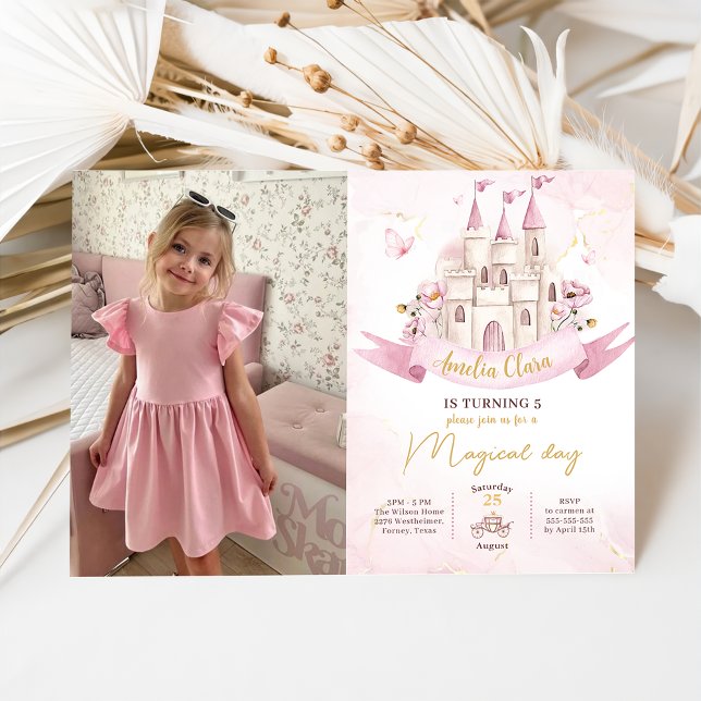 Invitation Pink Fairytale Princess Castle Girl Photo Annivers (Créateur téléchargé)