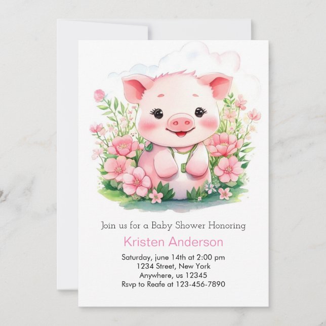 Invitation Pink Farm Adventure Piggy Girl Baby shower (Devant)