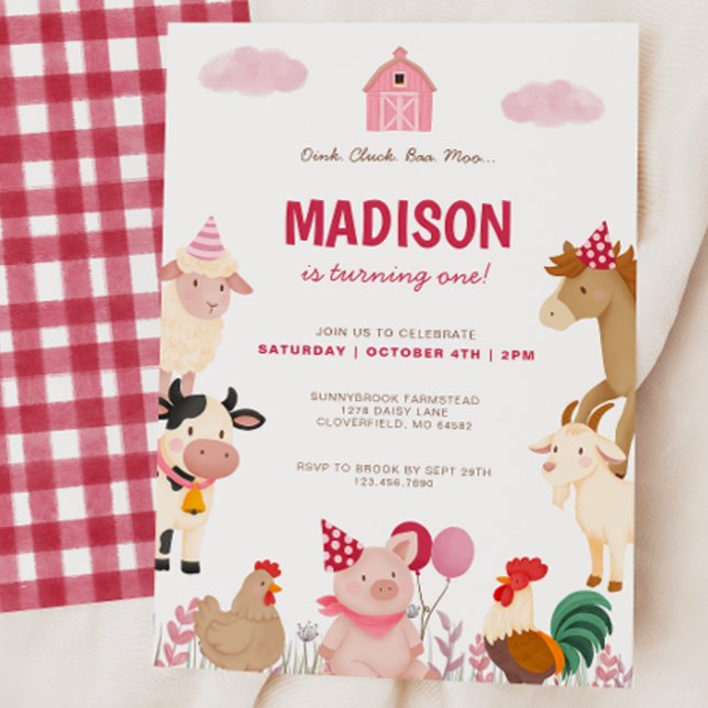 Invitation Pink Farm Animal Barnyard Première fête d'annivers (Créateur téléchargé)