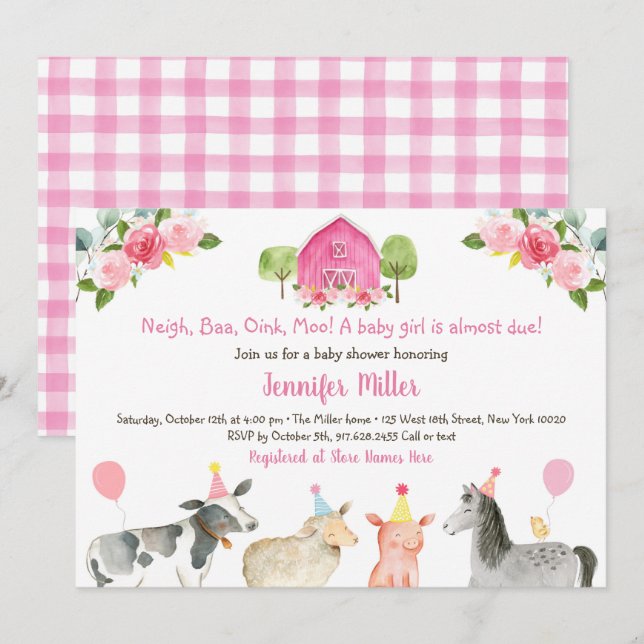 Invitation Pink Farm Floral Baby shower Barnyard (Devant / Derrière)
