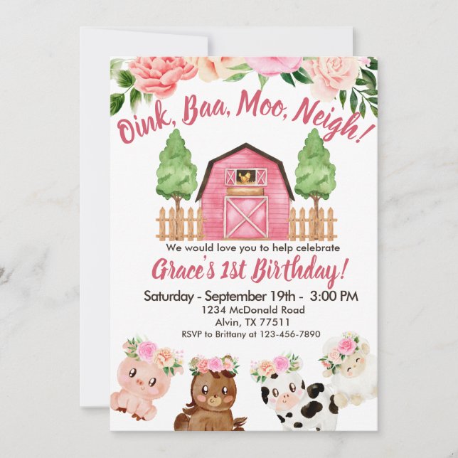 Invitation Pink Farm Floral Barnyard 1er Anniversaire Invitat (Devant)