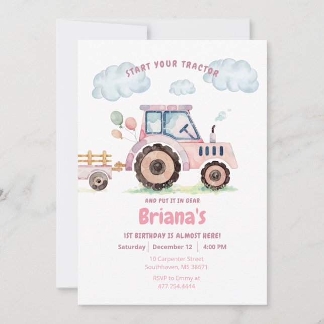 Invitation Pink Farm Tractor Girl Tout âge Anniversaire Invit (Devant)