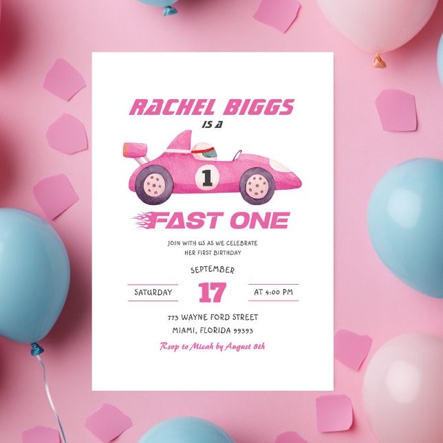 Invitation Pink Fast One Retro Racing Car Girl Premier annive (Créateur téléchargé)