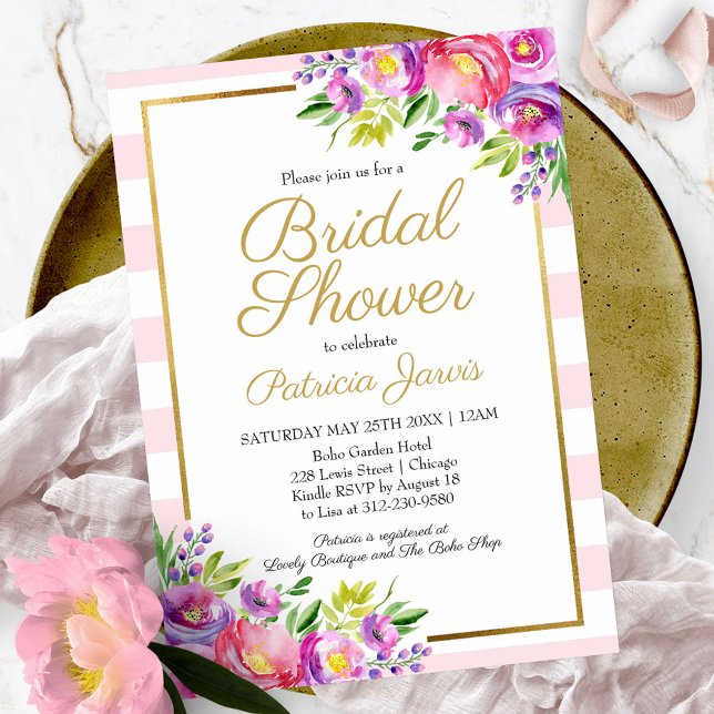 Invitation Pink & Faux Foil Gold Fête des mariées florale (Créateur téléchargé)