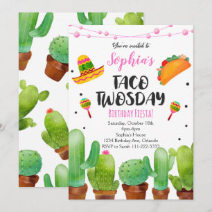 Invitation Pink Fiesta Taco Deux jours Aquarelle Cactus Invit