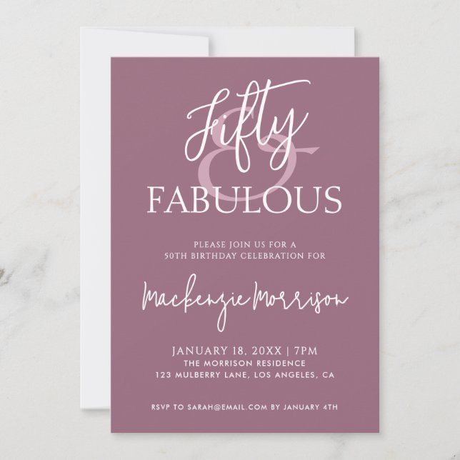 Invitation Pink Fifty and Fabulous Script Birthday Party (Devant)