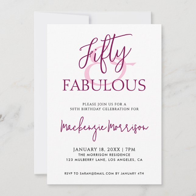 Invitation Pink Fifty and Fabulous Script Birthday Party (Devant)