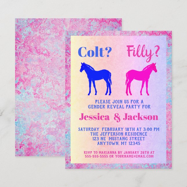 Invitation Pink Filly & Colt Bleu Style occidental Révélation (Devant / Derrière)