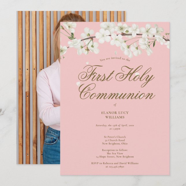 Invitation Pink First Holy Communion White Blossom Photo (Devant / Derrière)