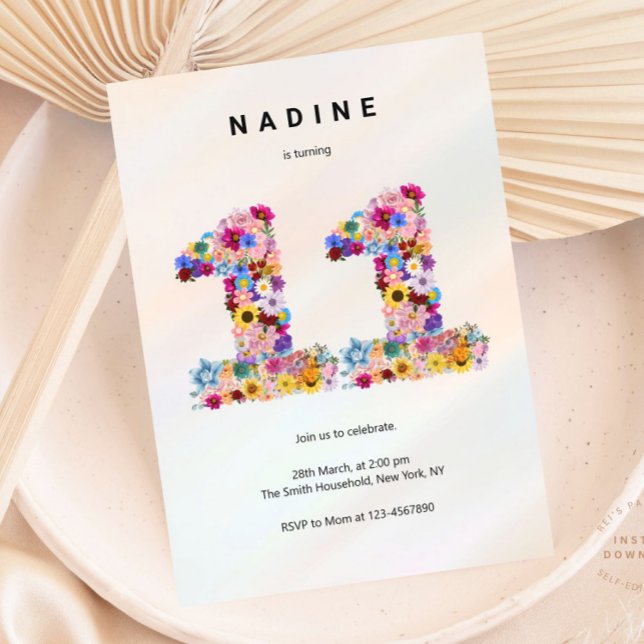 Invitation Pink Floral 11e anniversaire Jardin Fleur sauvage  (Créateur téléchargé)